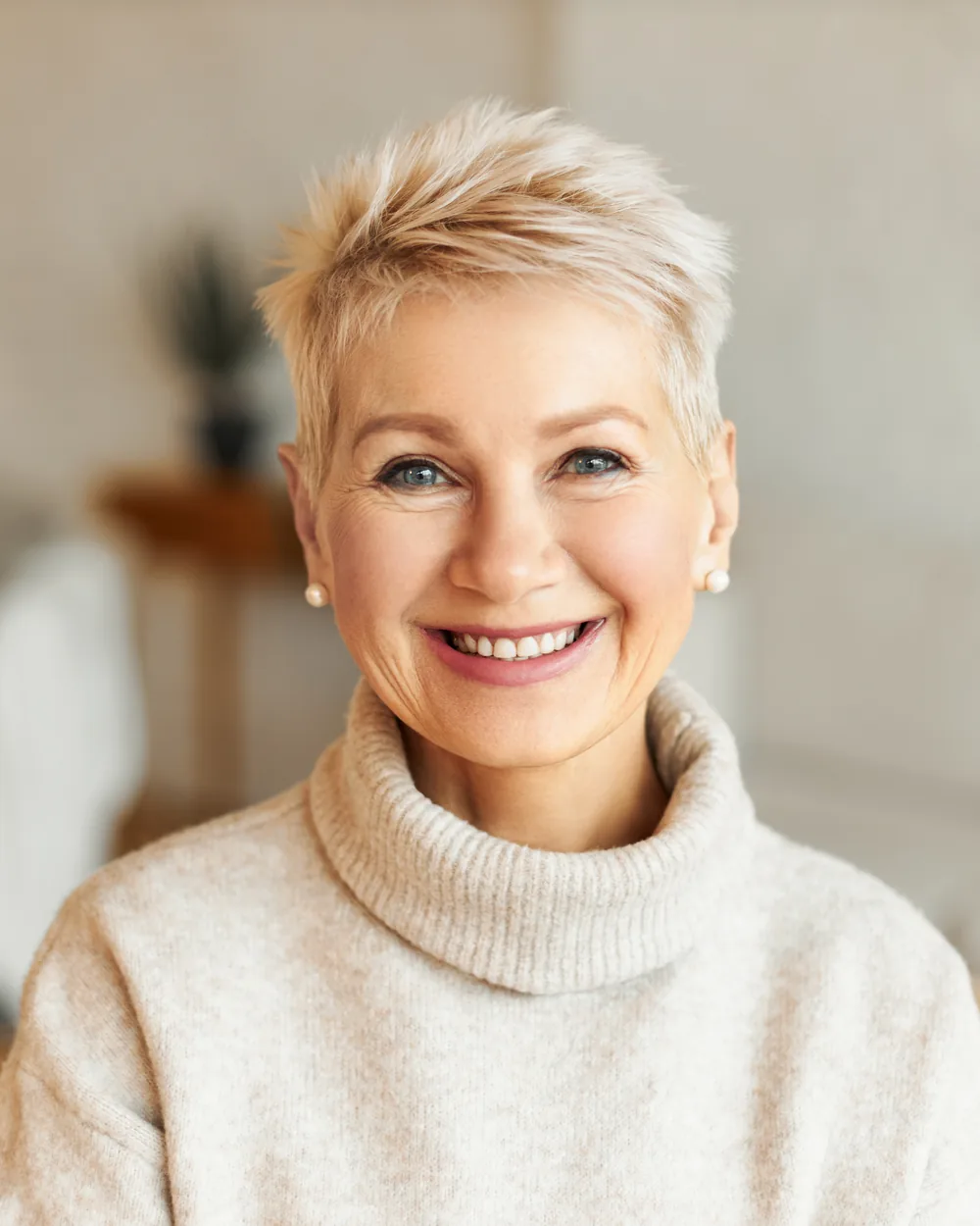 Relaxed woman seated at home in a cream sweater