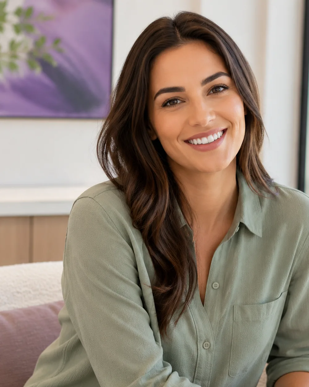 Smiling woman in a green blouse in a bright room
